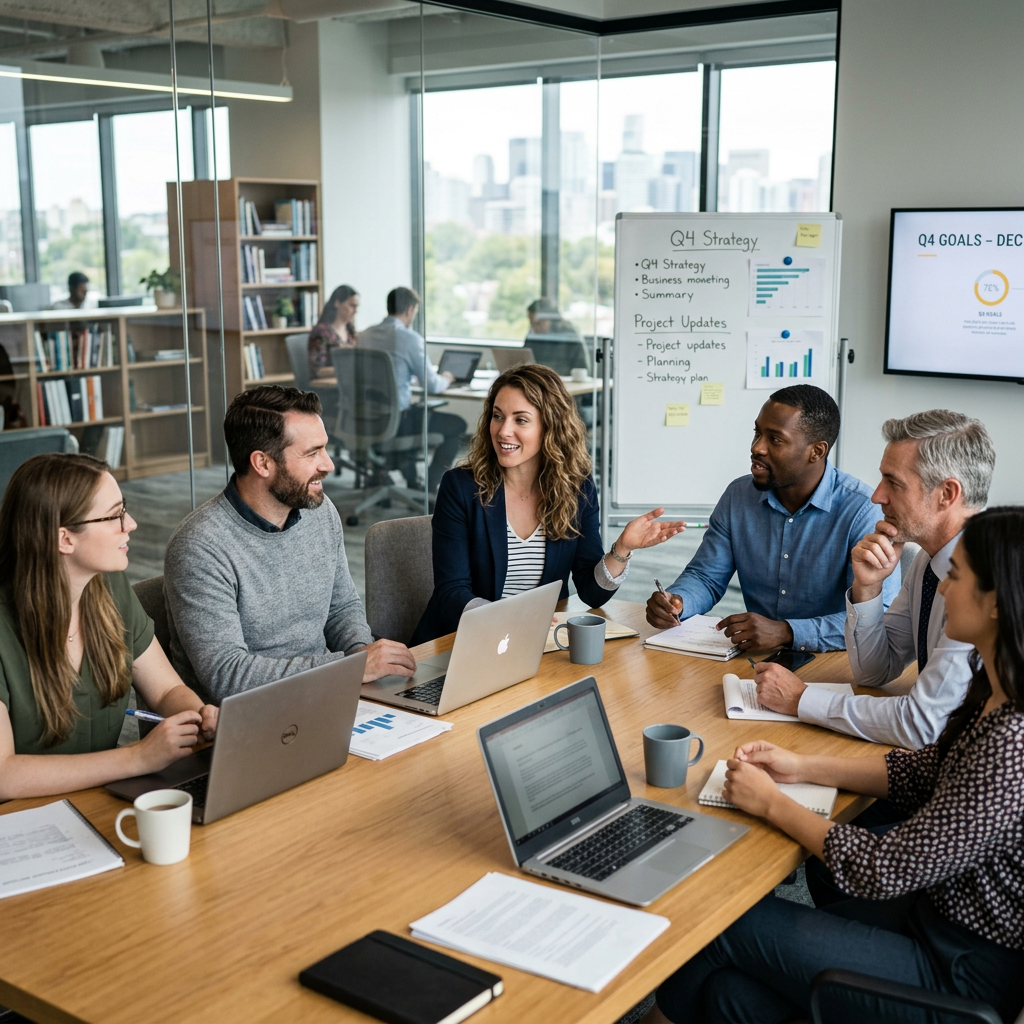 Team of six professionals having a meeting with laptops and notes in an office